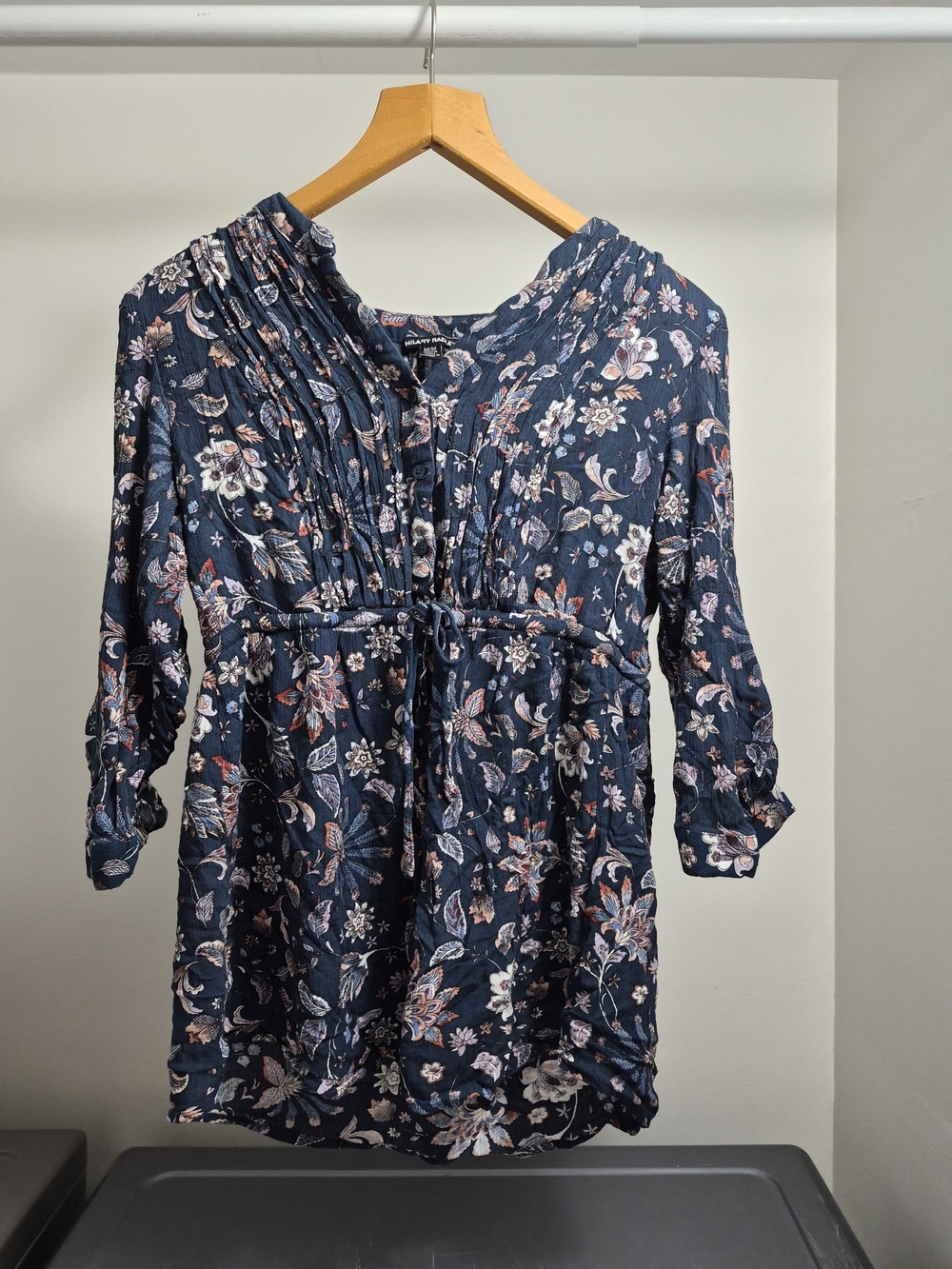 Hilary Radley Navy Floral Pintuck Tie-Front Tunic